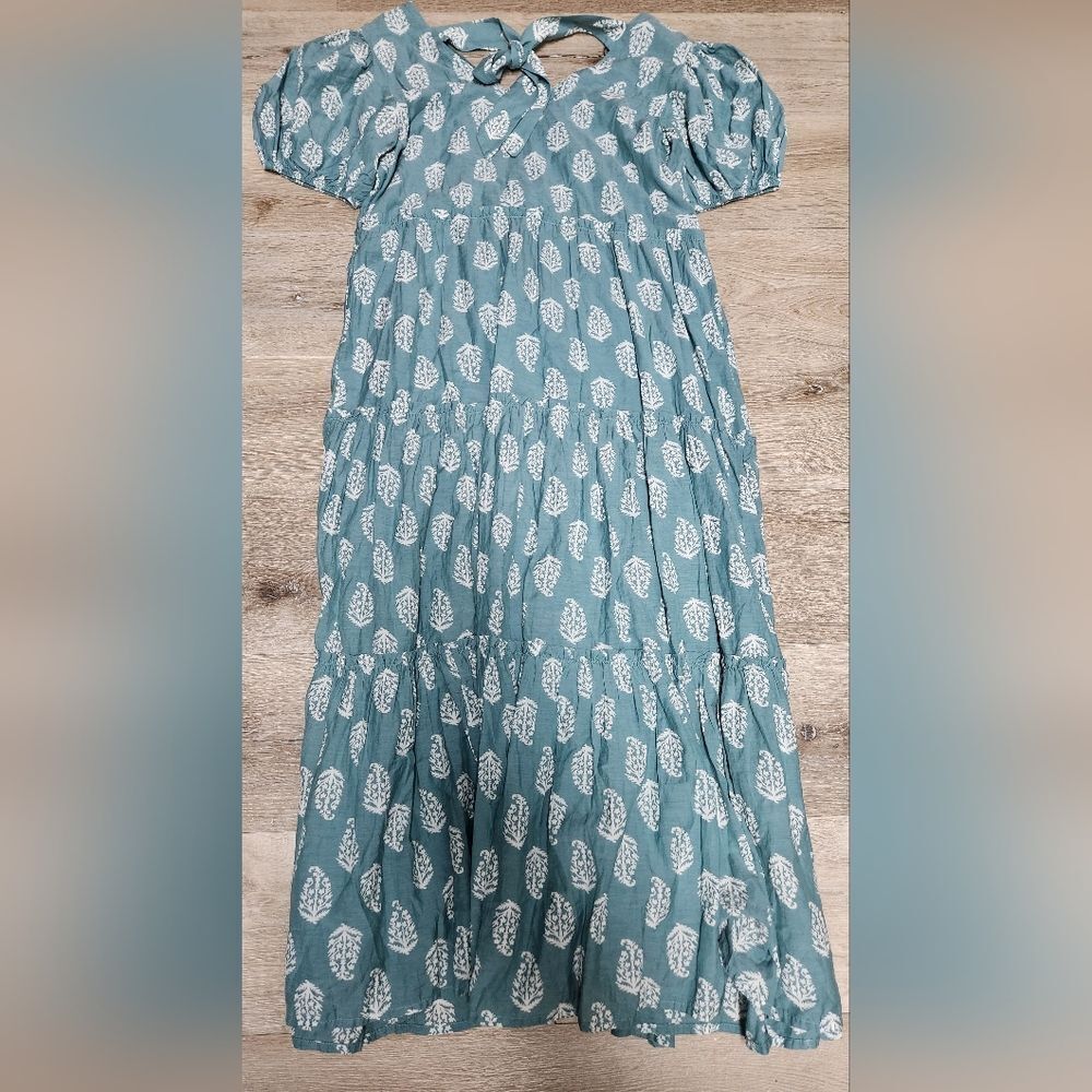 Lucky brand short puff sleeve V neck Tiered Tie Back maxi dress size M - Picture 2 of 10